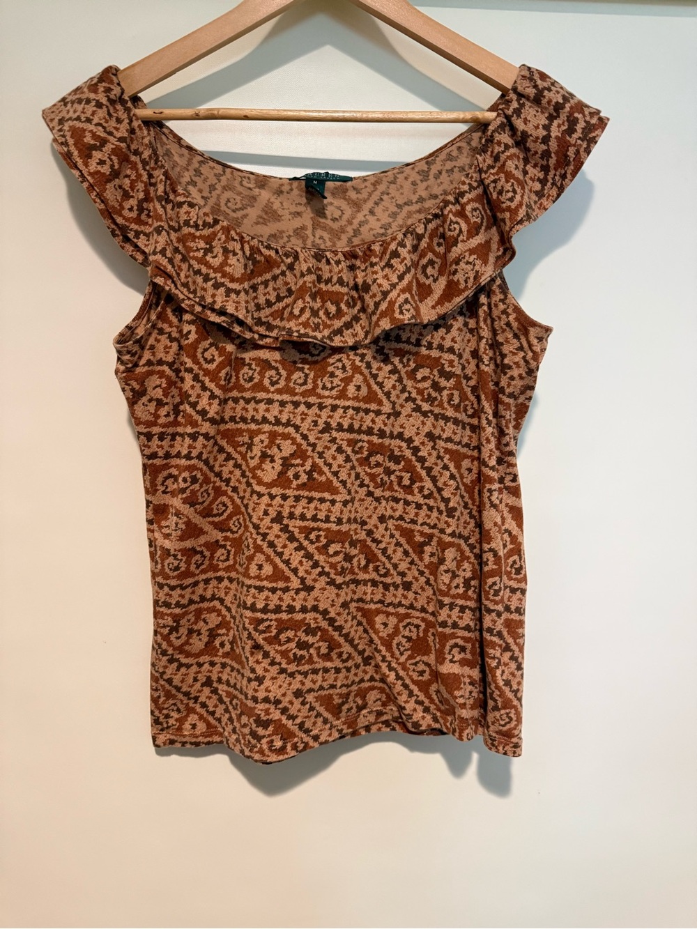 Ralph Lauren Sleeveless Brown Cotton Patterned Top Ruffle Neckline, size m